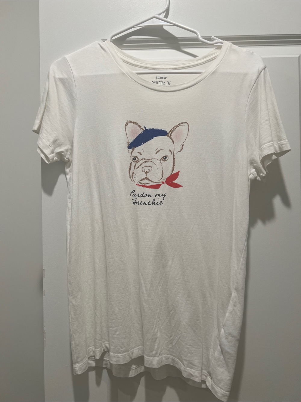 J. Crew White Graphic French Bulldog Dog Tee with Blue and Red Accents